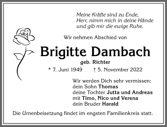 Traueranzeige von Brigitte Dambach von Allgäuer Zeitung, Kaufbeuren/Buchloe