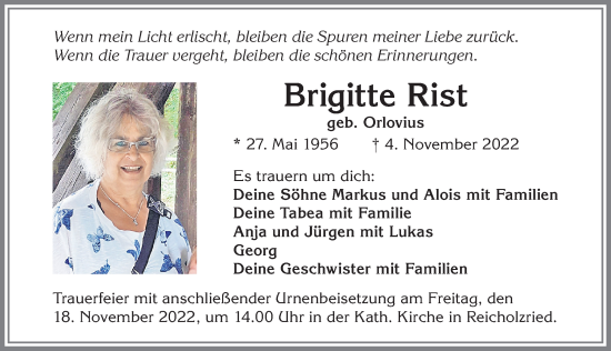 Traueranzeige von Brigitte Rist von Allgäuer Anzeigeblatt