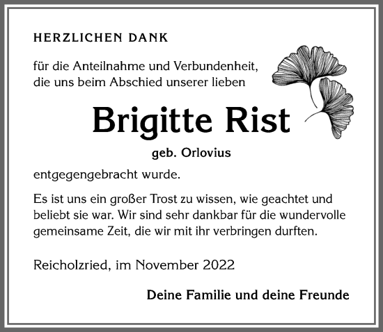 Traueranzeige von Brigitte Rist von Allgäuer Anzeigeblatt