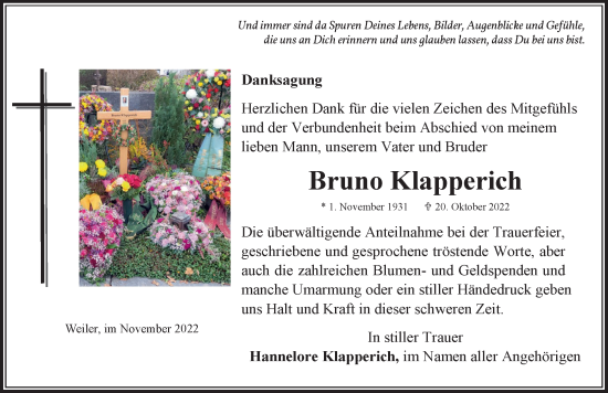 Traueranzeige von Bruno Klapperich von Der Westallgäuer