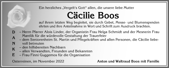 Traueranzeige von Cäcilie Boos von Allgäuer Zeitung, Füssen