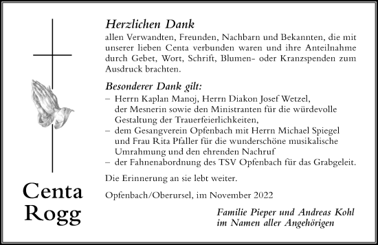 Traueranzeige von Centa Rogg von Der Westallgäuer