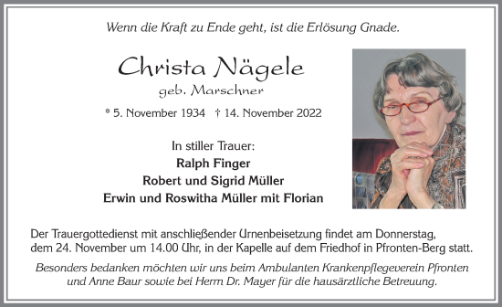 Traueranzeige von Christa Nägele von Allgäuer Zeitung, Füssen