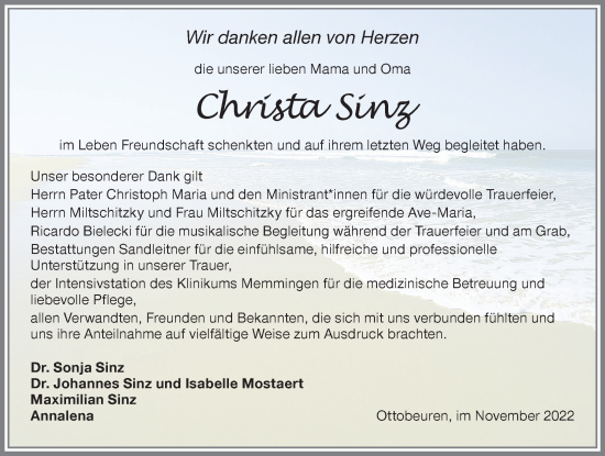 Traueranzeige von Christa Sinz von Memminger Zeitung