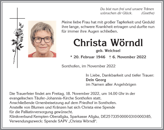 Traueranzeige von Christa Wörndl von Allgäuer Anzeigeblatt