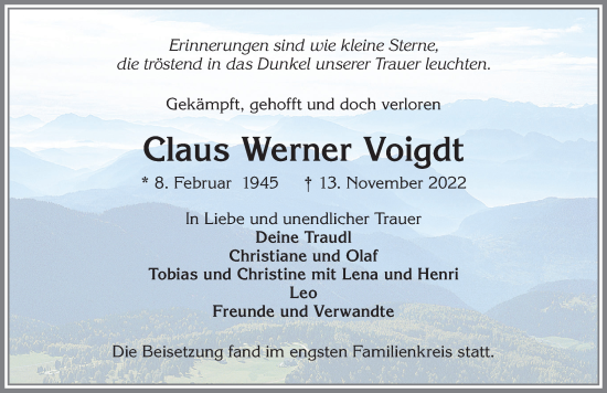 Traueranzeige von Claus Werner Voigdt von Allgäuer Zeitung,Kempten