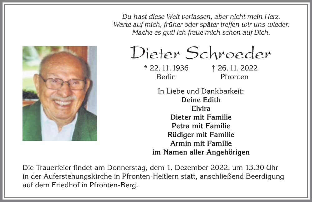  Traueranzeige für Dieter Schroeder vom 29.11.2022 aus Allgäuer Zeitung, Füssen