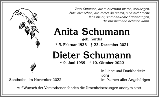 Traueranzeige von Dieter Schumann von Allgäuer Anzeigeblatt