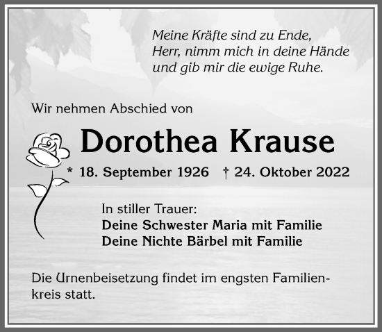 Traueranzeige von Dorothea Krause von Allgäuer Zeitung, Kaufbeuren/Buchloe