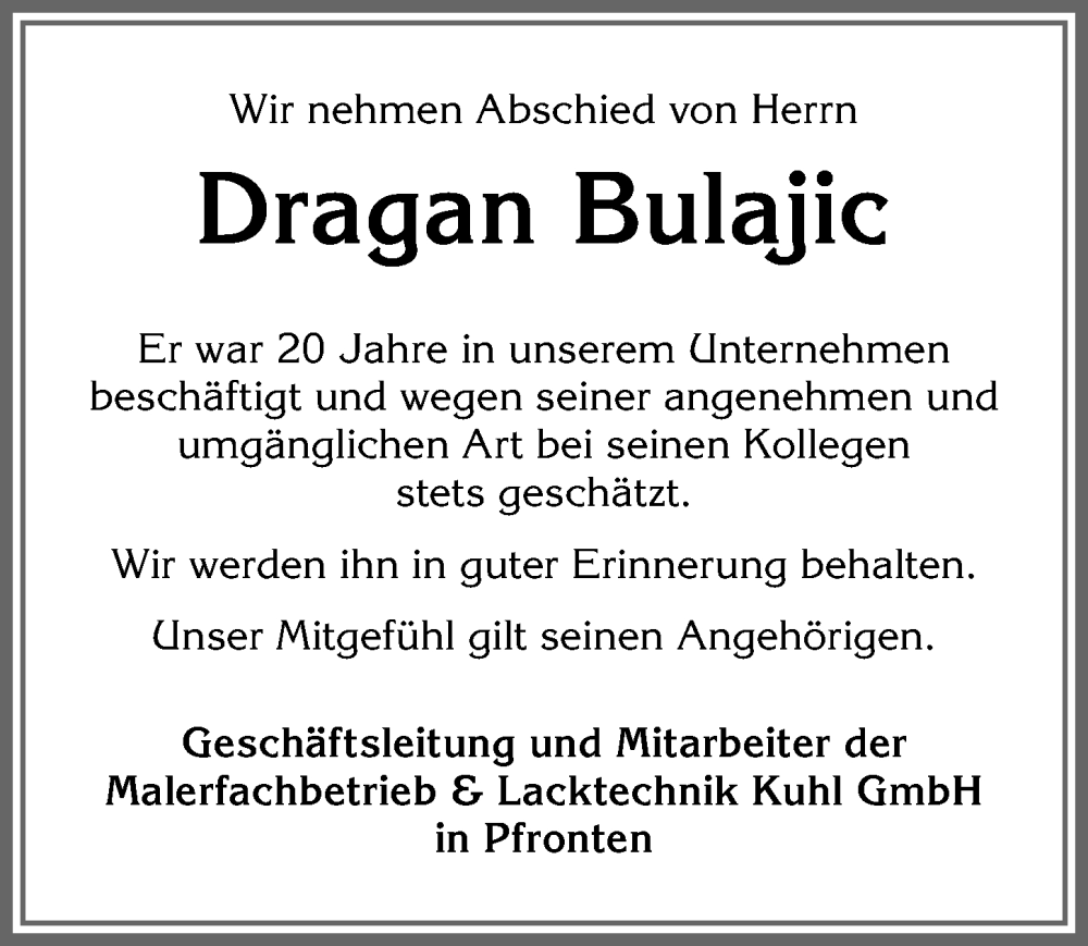  Traueranzeige für Dragan Bulajic vom 26.11.2022 aus Allgäuer Zeitung, Füssen