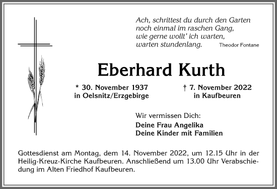 Traueranzeige von Eberhard Kurth von Allgäuer Zeitung, Kaufbeuren/Buchloe