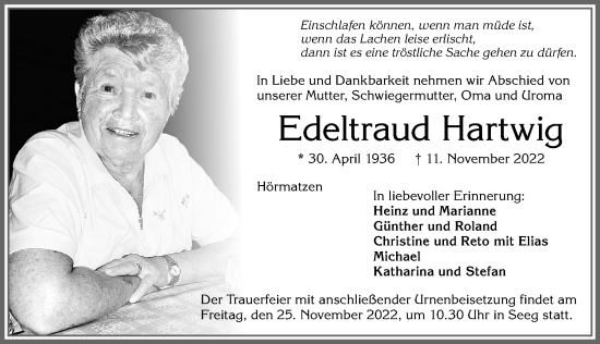 Traueranzeige von Edeltraud Hartwig von Allgäuer Zeitung, Füssen