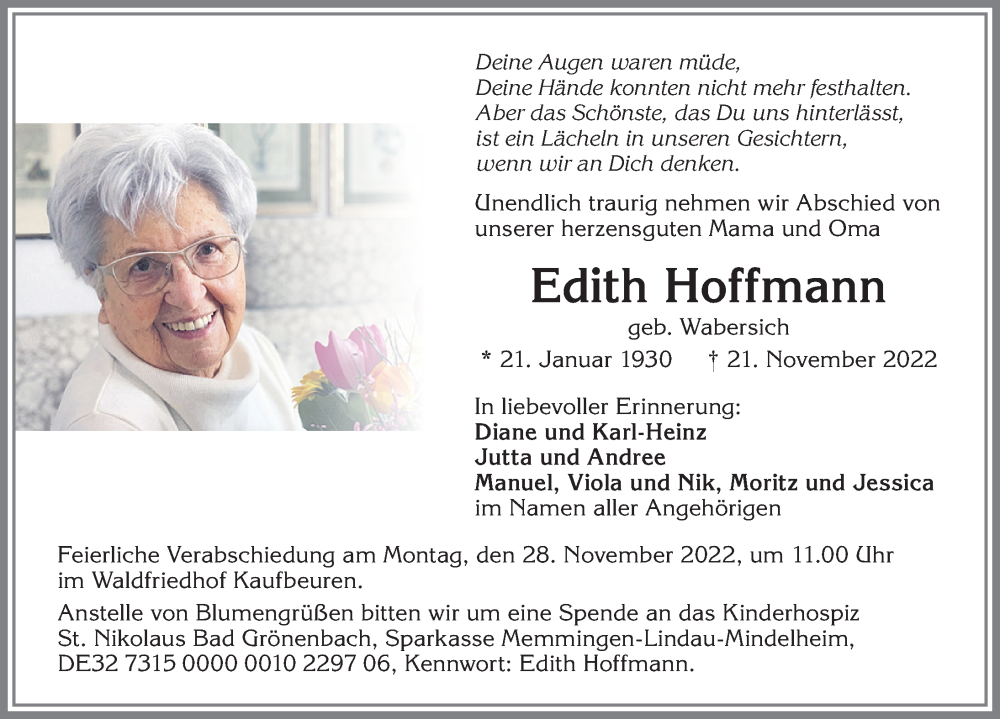 Traueranzeige für Edith Hoffmann vom 26.11.2022 aus Allgäuer Zeitung, Kaufbeuren/Buchloe