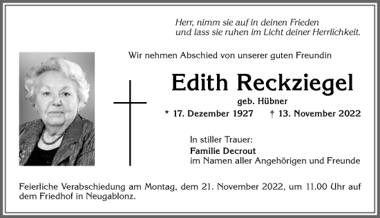 Traueranzeige von Edith Reckziegel von Allgäuer Zeitung, Kaufbeuren/Buchloe