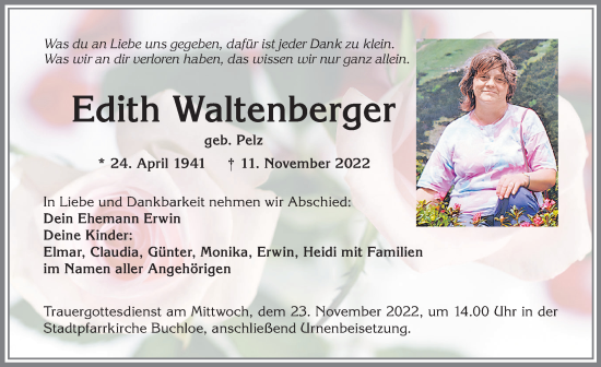 Traueranzeige von Edith Waltenberger von Allgäuer Zeitung, Kaufbeuren/Buchloe