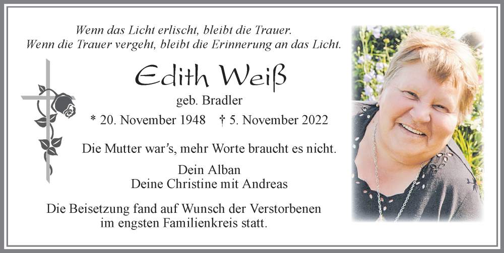  Traueranzeige für Edith Weiß vom 23.11.2022 aus Allgäuer Zeitung, Marktoberdorf