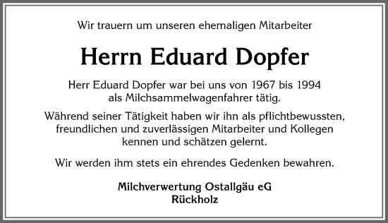 Traueranzeige von Eduard Dopfer von Allgäuer Zeitung, Füssen