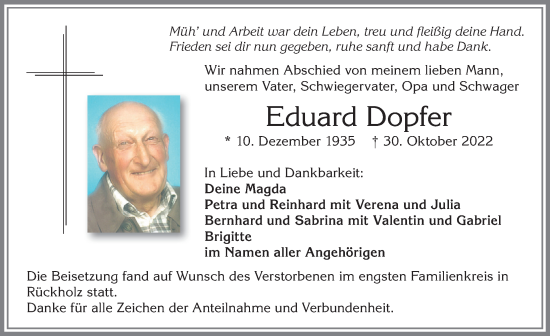 Traueranzeige von Eduard Dopfer von Allgäuer Zeitung, Füssen