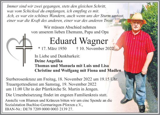 Traueranzeige von Eduard Wagner von Allgäuer Zeitung, Kaufbeuren/Buchloe