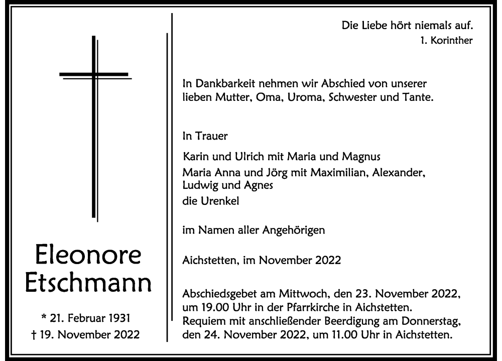  Traueranzeige für Eleonore Etschmann vom 22.11.2022 aus Allgäuer Zeitung,Kempten