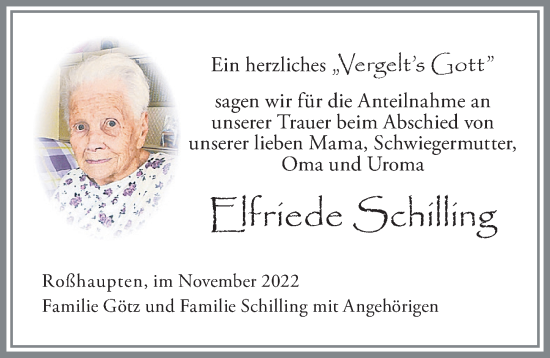 Traueranzeige von Elfriede Schilling von Allgäuer Zeitung, Füssen