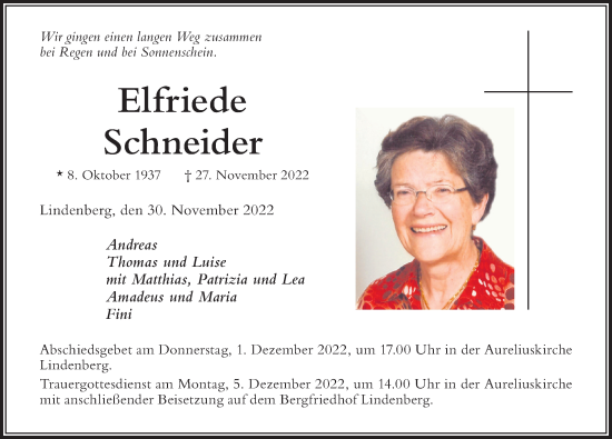 Traueranzeige von Elfriede Schneider von Der Westallgäuer