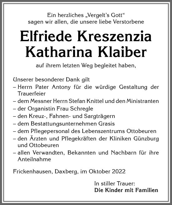 Traueranzeige von Elfriede Kreszenzia Katharina Klaiber von Memminger Zeitung