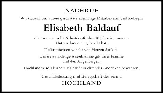 Traueranzeige von Elisabeth Baldauf von Der Westallgäuer