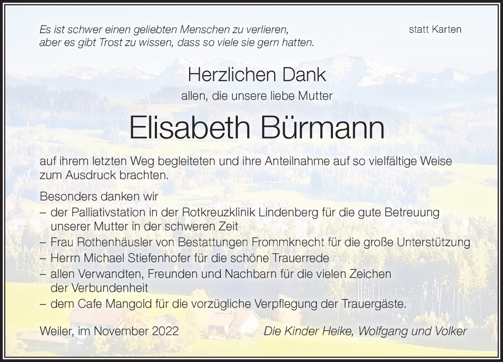  Traueranzeige für Elisabeth Bürmann vom 26.11.2022 aus Der Westallgäuer