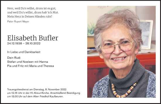 Traueranzeige von Elisabeth Bufler von Allgäuer Zeitung, Kaufbeuren/Buchloe