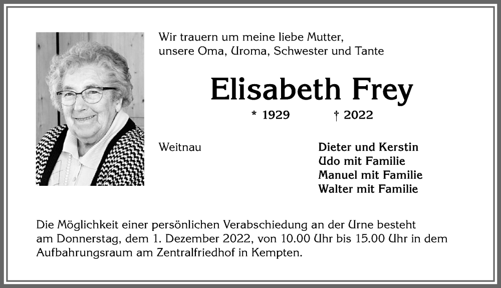  Traueranzeige für Elisabeth Frey vom 26.11.2022 aus Allgäuer Zeitung,Kempten