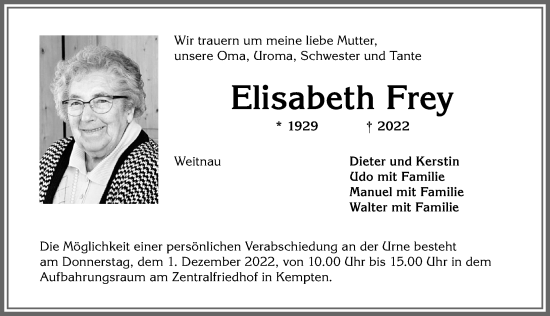 Traueranzeige von Elisabeth Frey von Allgäuer Zeitung,Kempten