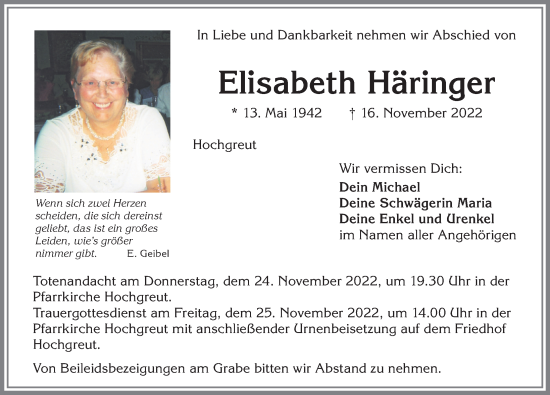 Traueranzeige von Elisabeth Häringer von Allgäuer Zeitung,Kempten