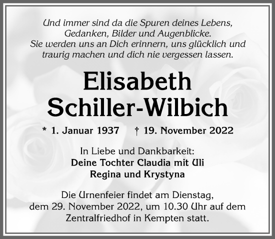 Traueranzeige von Elisabeth Schiller-Wilbich von Allgäuer Zeitung,Kempten