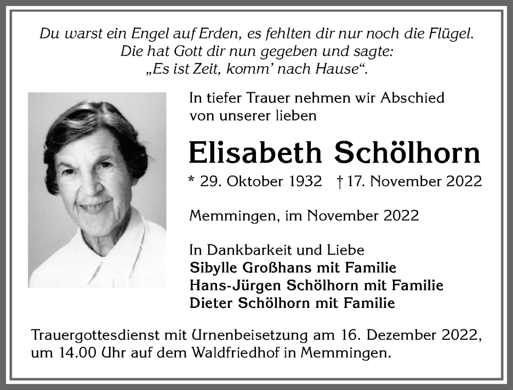  Traueranzeige für Elisabeth Schölhorn vom 26.11.2022 aus Memminger Zeitung