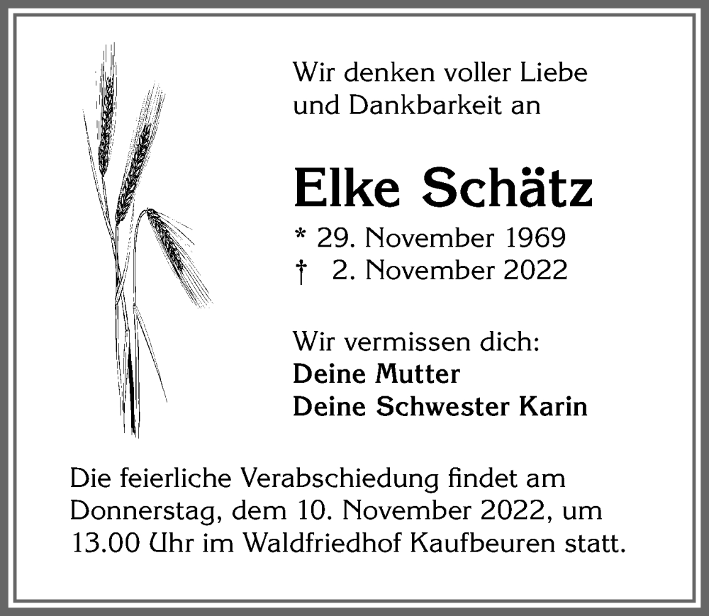 Traueranzeige für Elke Schätz vom 08.11.2022 aus Allgäuer Zeitung, Kaufbeuren/Buchloe