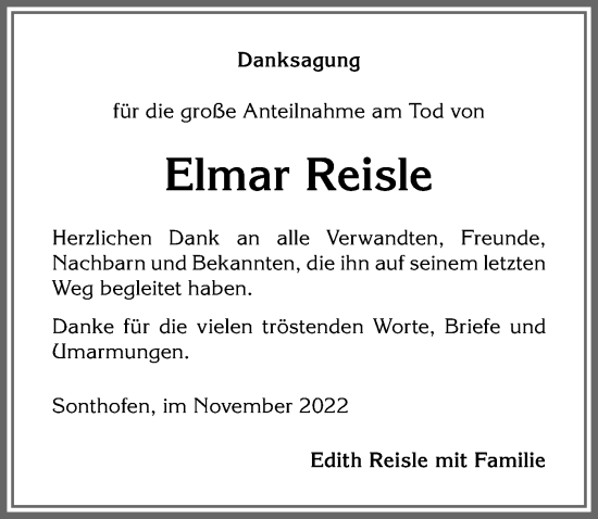 Traueranzeige von Elmar Reisle von Allgäuer Anzeigeblatt