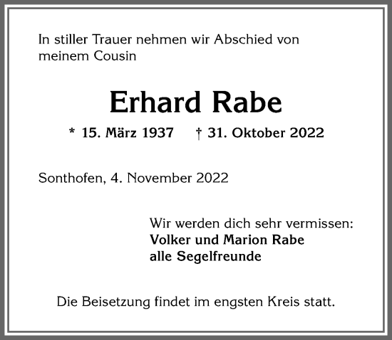 Traueranzeige von Erhard Rabe von Allgäuer Anzeigeblatt