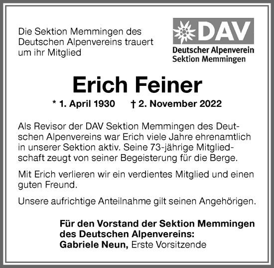 Traueranzeige von Erich Feiner von Memminger Zeitung
