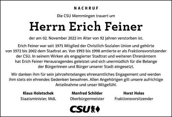 Traueranzeige von Erich Feiner von Memminger Zeitung