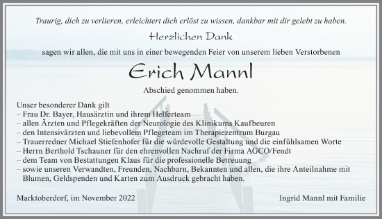 Traueranzeige von Erich Mannl von Allgäuer Zeitung, Marktoberdorf