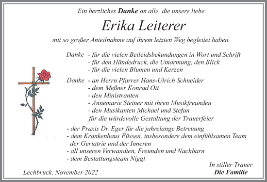 Traueranzeige von Erika Leiterer von Allgäuer Zeitung, Füssen