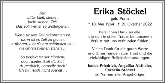 Traueranzeige von Erika Stöckel von Allgäuer Zeitung, Kaufbeuren/Buchloe