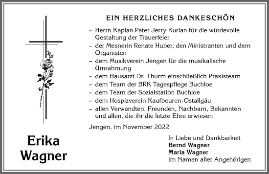Traueranzeige von Erika Wagner von Allgäuer Zeitung, Kaufbeuren/Buchloe
