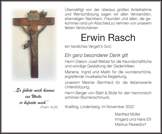 Traueranzeige von Erwin Rasch von Der Westallgäuer