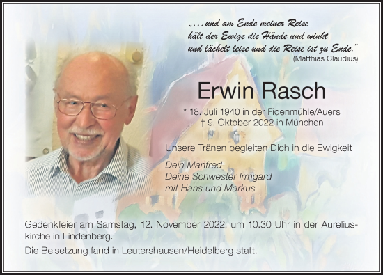 Traueranzeige von Erwin Rasch von Der Westallgäuer