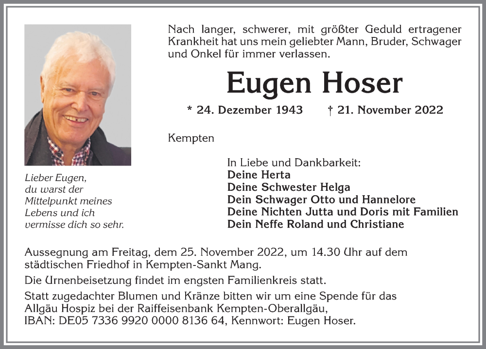  Traueranzeige für Eugen Hoser vom 23.11.2022 aus Allgäuer Zeitung,Kempten