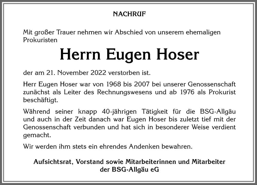  Traueranzeige für Eugen Hoser vom 23.11.2022 aus Allgäuer Zeitung,Kempten