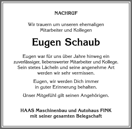 Traueranzeige von Eugen Schaub von Allgäuer Anzeigeblatt