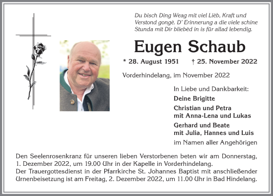 Traueranzeige von Eugen Schaub von Allgäuer Anzeigeblatt